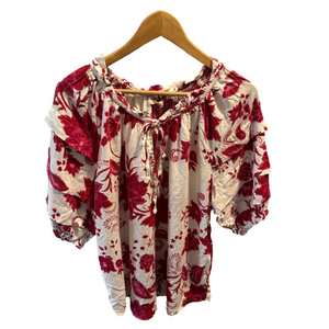 4our Dreamers Linen Blend Floral Pintuck Peasant Top L Puff Sleeves Neck Ties